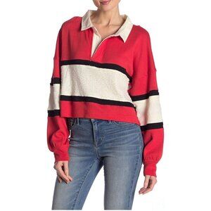 Free People Party Polo Oversized Cropped Long Sleeve Shirt in Red Combo Size Sma